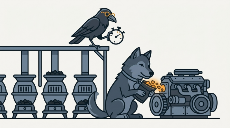 the wolf warming up a cold engine by pouring in amber coals while the raven holds a stopwatch over a row of cold stoves