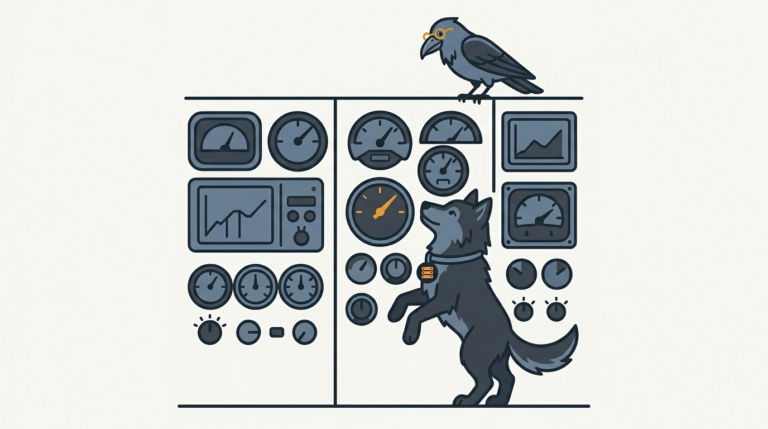 the wolf reading a wall of dials and small charts, one amber needle, the raven perched on top watching