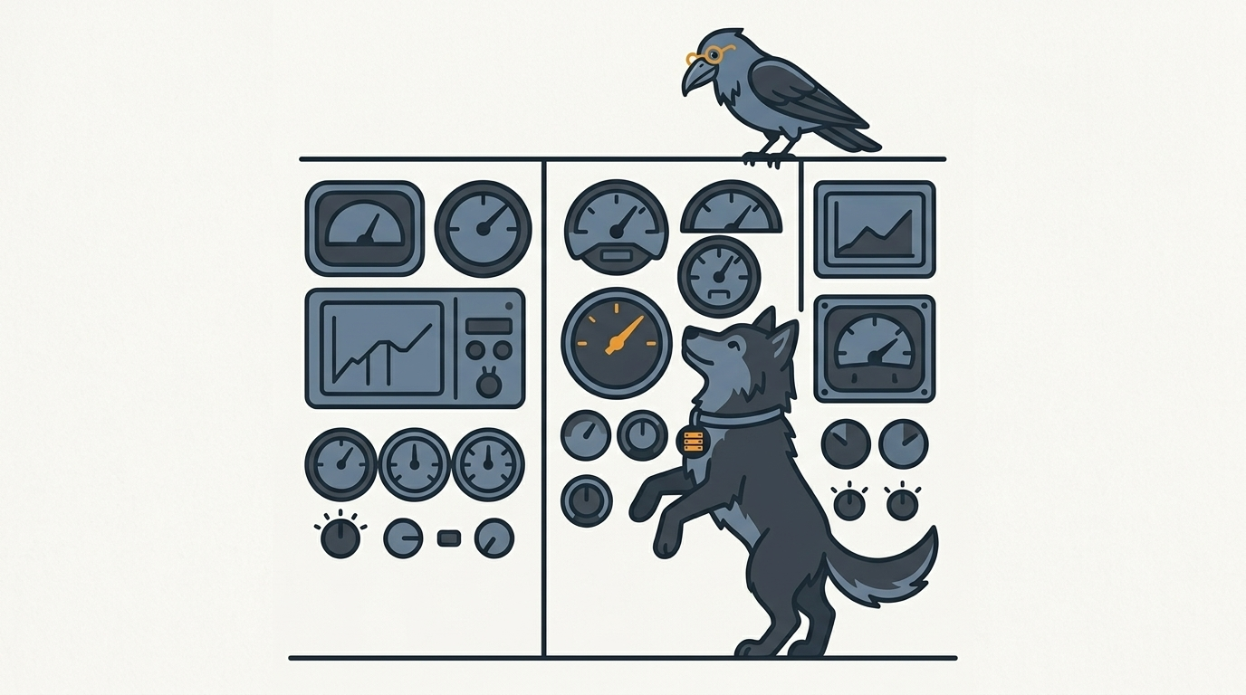 the wolf reading a wall of dials and small charts, one amber needle, the raven perched on top watching
