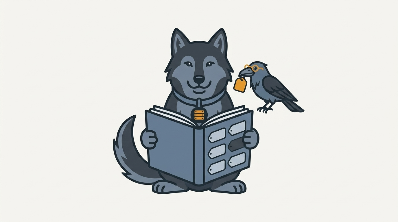 the wolf holding a name tag directory open while the raven picks a name from it, one amber tag