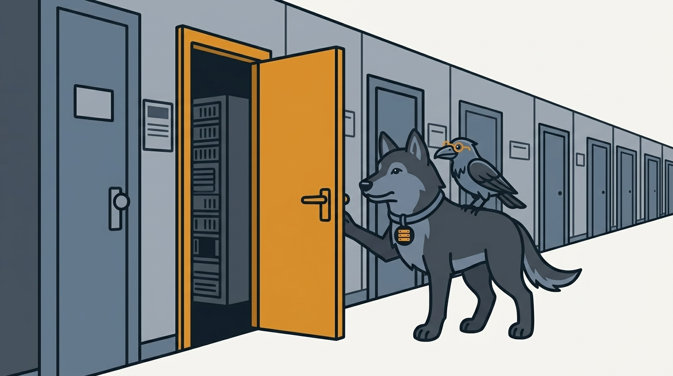 the wolf opening the first door of a long corridor to a data catalog, an amber door, the raven peering