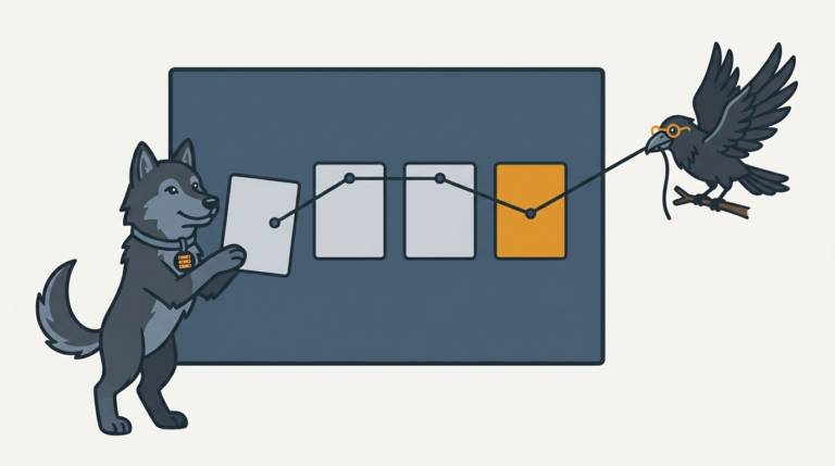 the wolf linking a row of plain blank cards on a slate-blue board with taut string so one leads to the next, the last card amber, the raven tugging the string