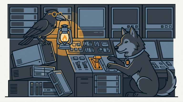the wolf building a console room with admin buttons, an amber lever, the raven holding a small lantern