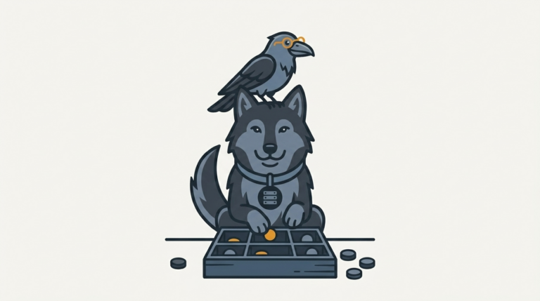 the wolf sorting a box of small differently shaped field tiles, one amber, the raven peering