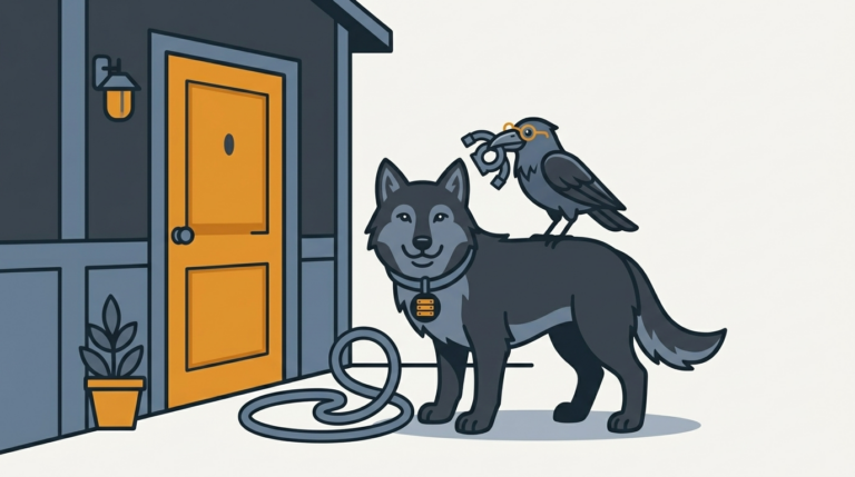 the wolf stopping a loop at the front door of a house, an amber door, the raven carrying a spare piece