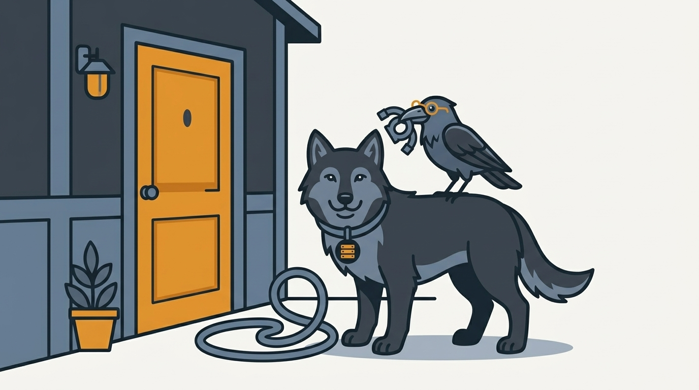 the wolf stopping a loop at the front door of a house, an amber door, the raven carrying a spare piece