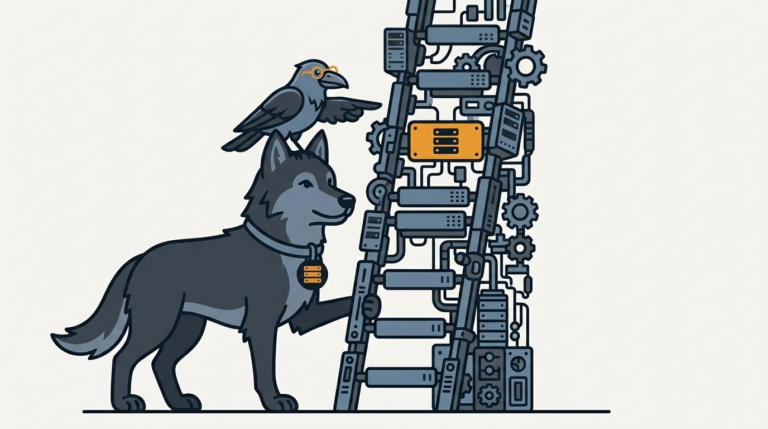 the wolf holding a long ladder of version numbers against a wall, one amber rung, the raven pointing