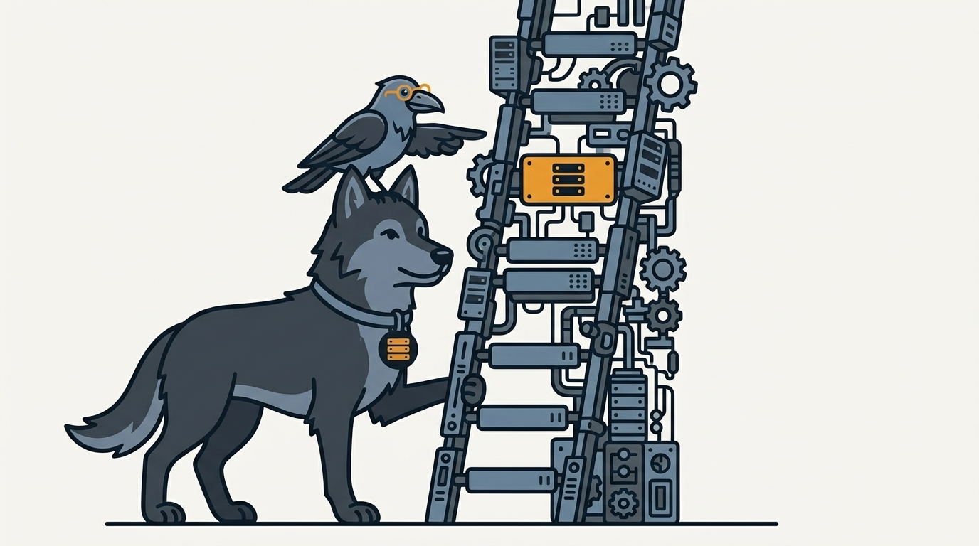 the wolf holding a long ladder of version numbers against a wall, one amber rung, the raven pointing