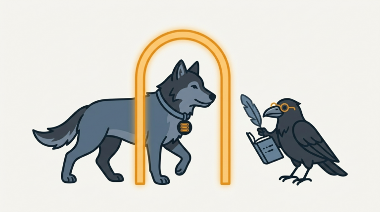 the wolf passing a cross-domain gate, an amber gate, the raven taking notes with a feather