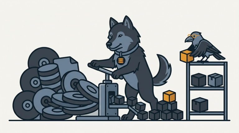 the wolf squeezing a pile of big database backup files into small boxes with a press, one amber box, the raven shelving