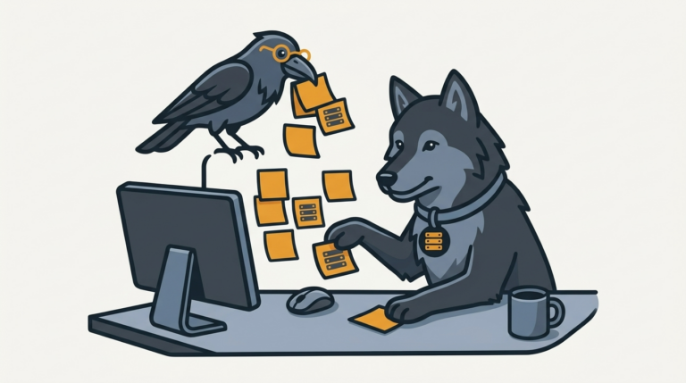 the wolf sticking amber sticky notes onto a desktop, the raven carrying more