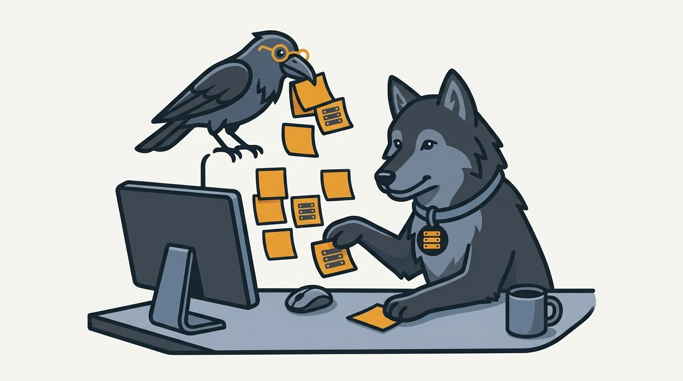 the wolf sticking amber sticky notes onto a desktop, the raven carrying more