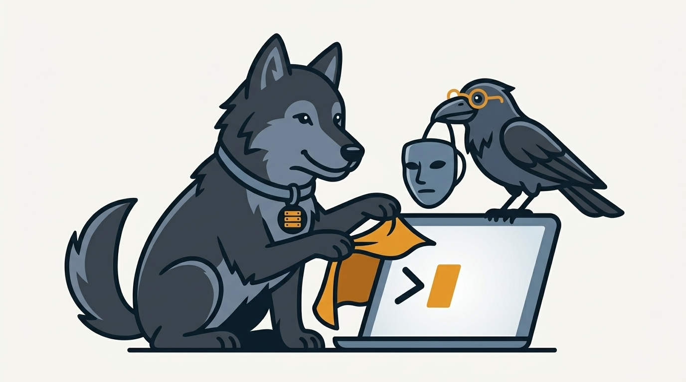 the wolf pulling a small amber cape on a shell prompt, the raven handing him a mask