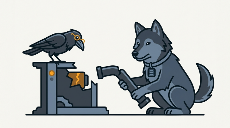 the raven peeking into a broken machine with a bent service pipe, an amber crack, the wolf holding the pipe in place