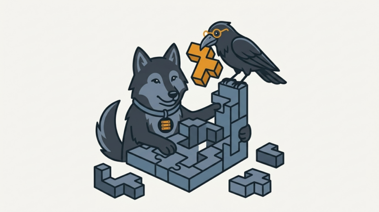 the raven fitting differently shaped puzzle blocks of an enterprise together, one amber block, the wolf holding the base