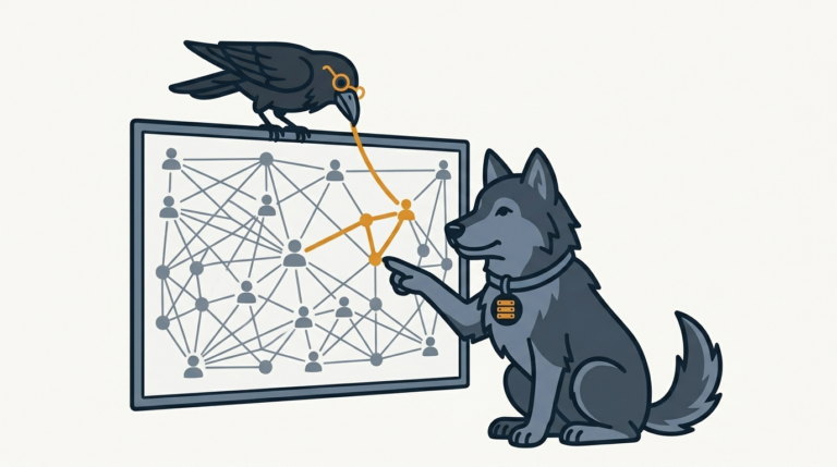 the raven mapping friendship lines on a wall of people dots, an amber line, the wolf pointing