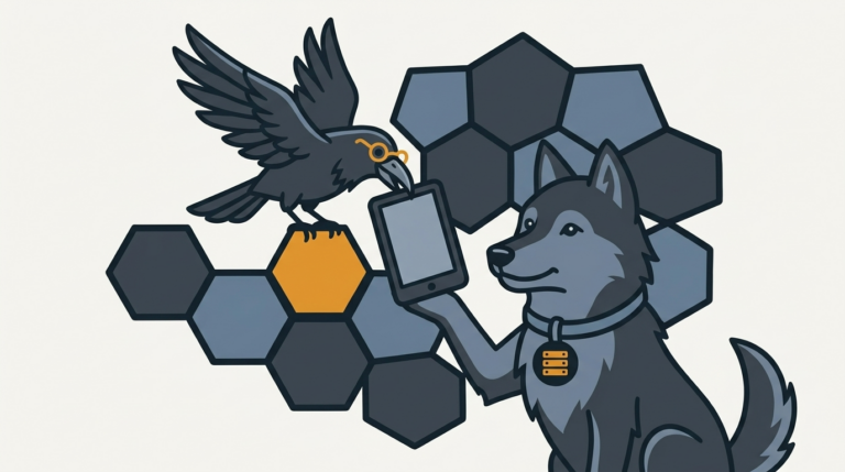 the raven taking a book-reader tablet out of a honeycomb, one amber cell, the wolf holding the tablet