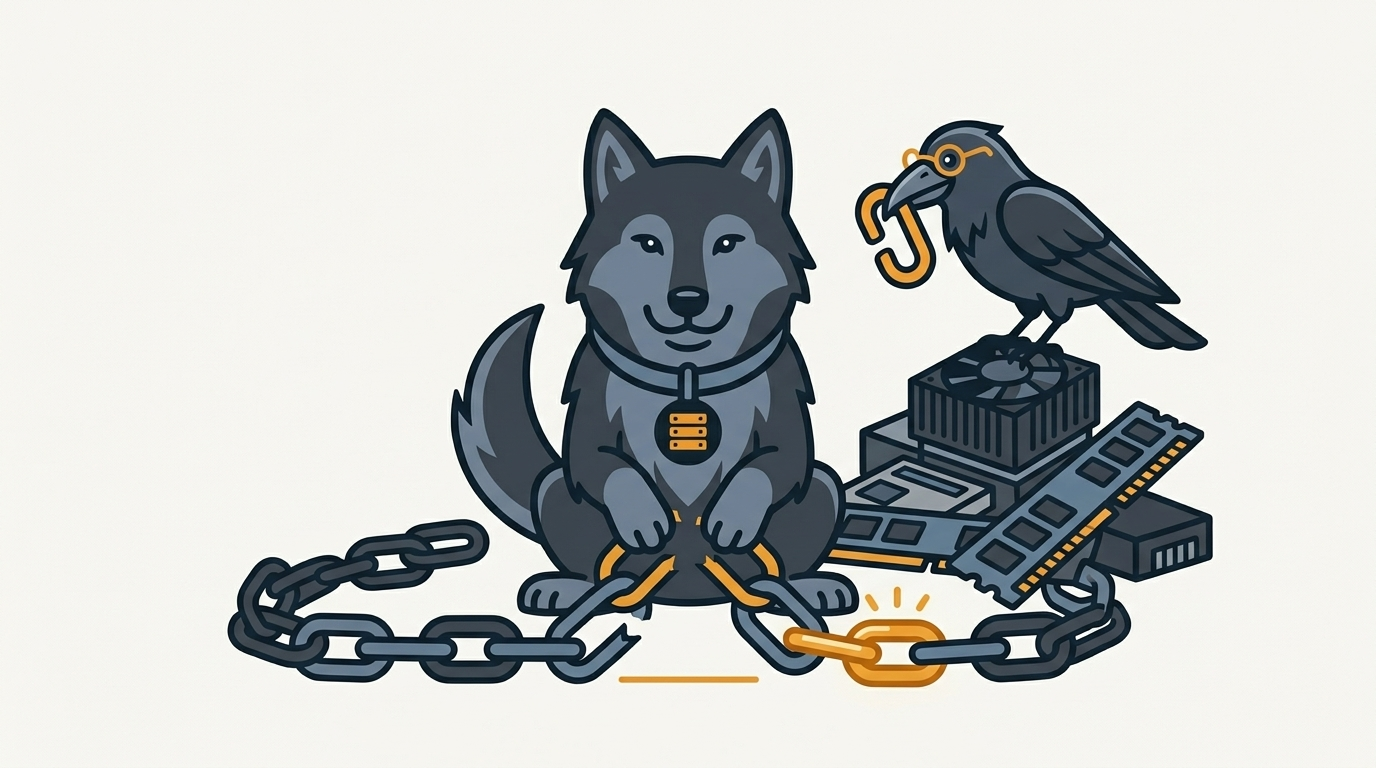 the wolf mending a broken web link chain with a thin underscore, an amber link, the raven carrying a spare piece