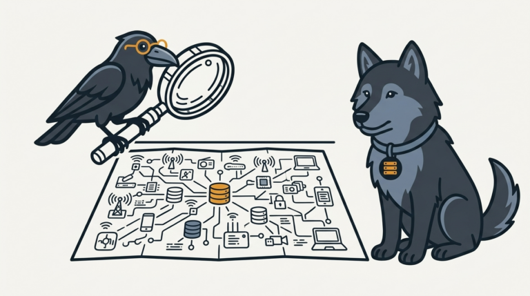 the raven holding a giant magnifying glass over a map of tiny glowing connected gadgets, one amber, the wolf sitting under the map