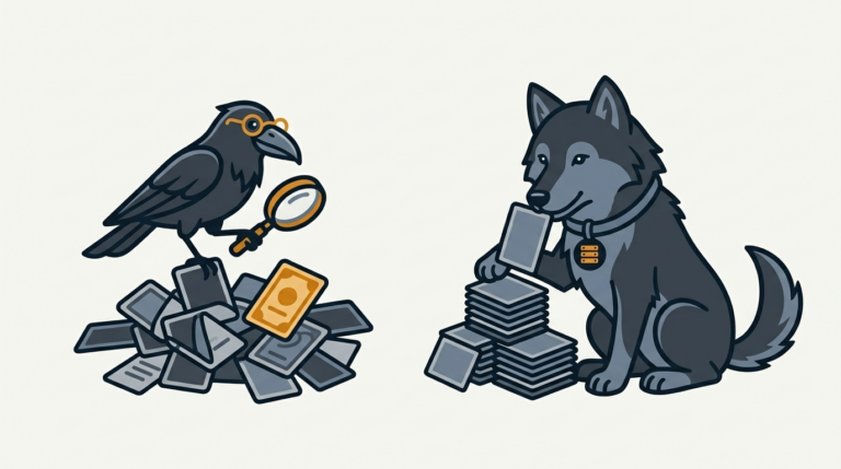 the raven holding a magnifier over a tangle of cards with a tiny amber one, the wolf stacking cards