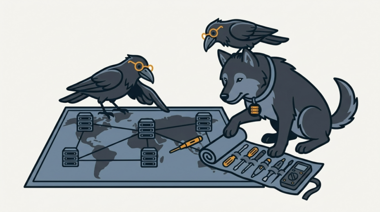 the wolf unrolling a toolbox of little diagnostic instruments next to a map of connected servers, one amber probe, the raven pointing at the map