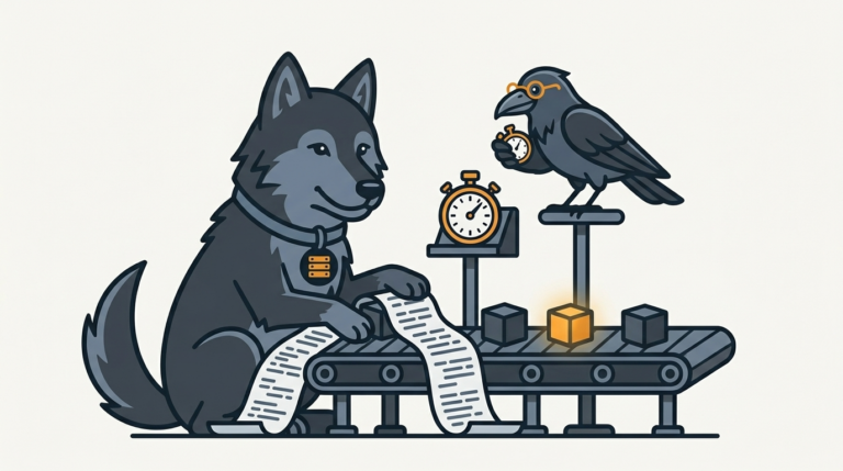 the wolf shrinking long scripts into compact cubes on a conveyor, one amber cube, the raven timing