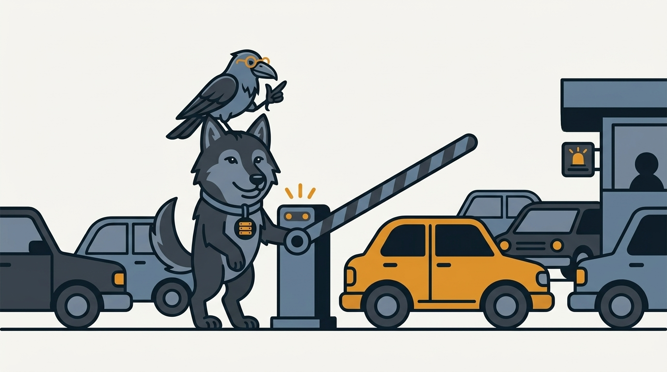 the wolf holding a gate at a toll plaza letting only a few cars at a time pass through, one amber car, the raven counting them