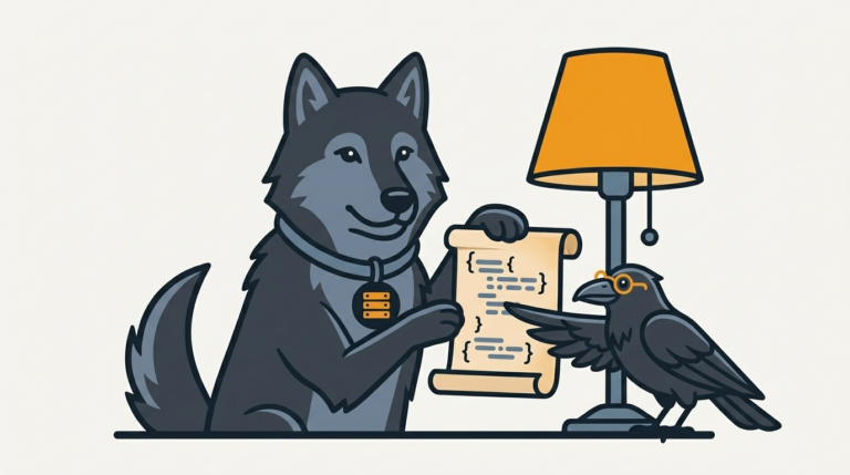 the wolf holding a tidy curly-braced page up to a lamp, an amber lamp, the raven pointing
