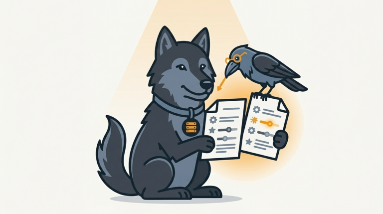 the wolf holding two copies of a settings sheet to the light, an amber change, the raven pointing