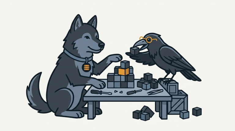 the wolf building a query on a workbench from small colored blocks, an amber block, the raven handing blocks