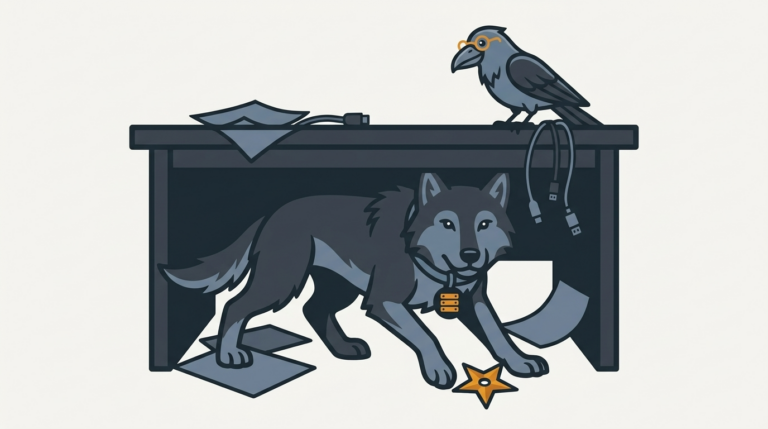 the wolf hiding sneaky ninja moves under a desk, an amber shuriken, the raven perched on top watching
