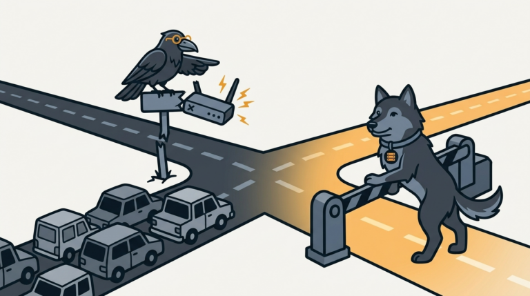 the raven spotting a broken signpost router at a fork where traffic jams, the amber fork glowing, the wolf lifting a barrier