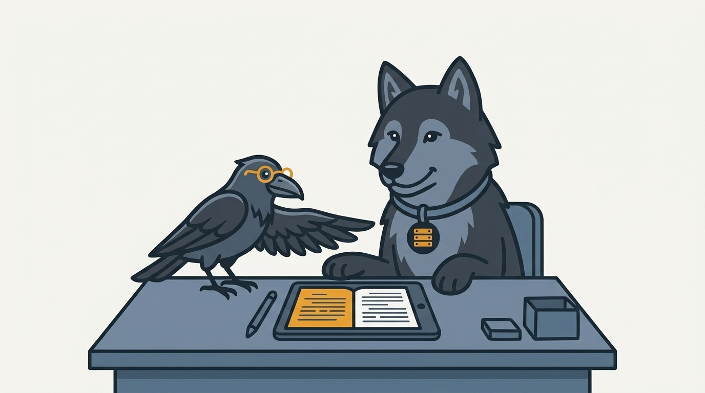 the wolf opening two ebooks on a desk, an amber page, the raven pointing with a wing