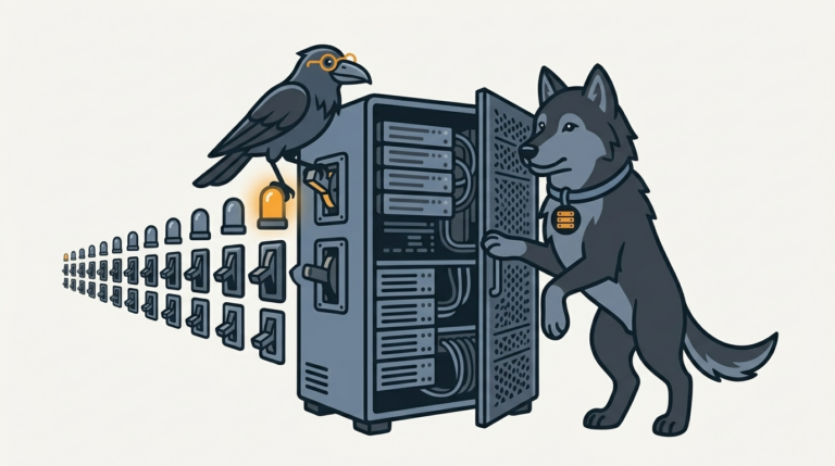 the raven pulling a switch that lights the first of many start-up lamps in a row, one amber, the wolf holding the door of a computer