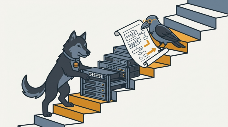 the wolf assembling a long server-setup step by step along a staircase, one amber step, the raven reading the plan