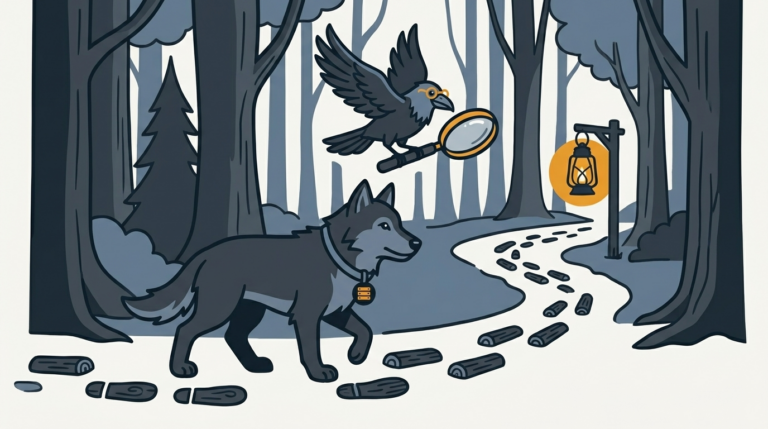 the wolf following a trail of log footprints through a forest, an amber lantern at the end, the raven carrying a magnifier