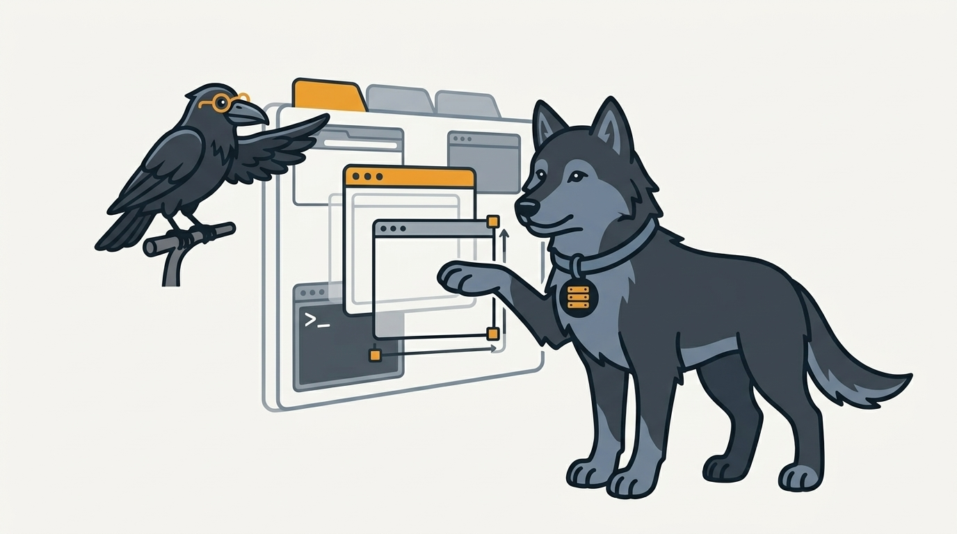 the wolf adjusting screen sizes on a remote desktop gadget, an amber tab, the raven pointing