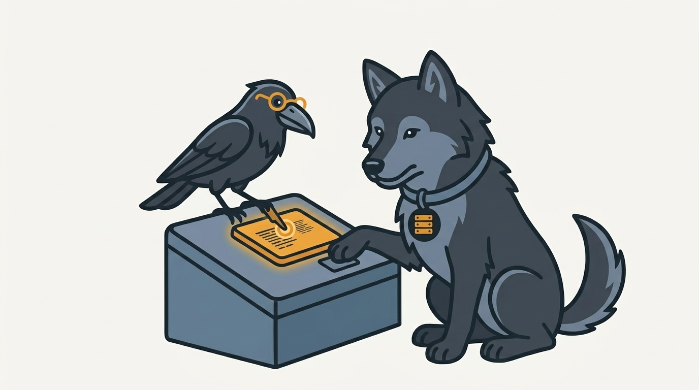 the wolf shrinking the font on a small process gadget, an amber tile, the raven pointing