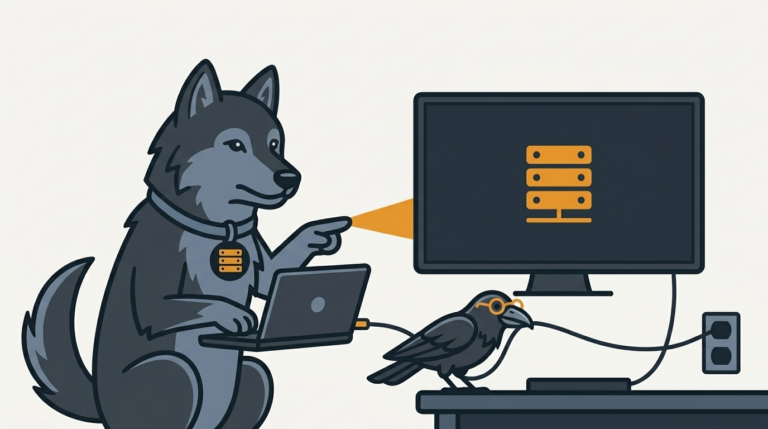 the wolf pointing a small beam from a laptop to a television screen, an amber beam, the raven pulling the cable