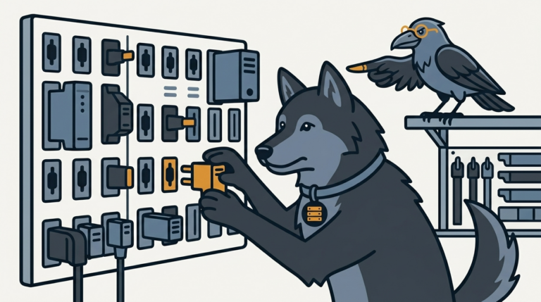 the wolf hanging small extension plug-ins into a workshop wall, one amber, the raven pointing