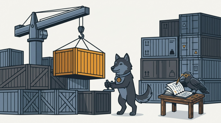 the wolf stacking and moving wooden shipping containers with a crane from a pile, one amber container, the raven reading the manifests