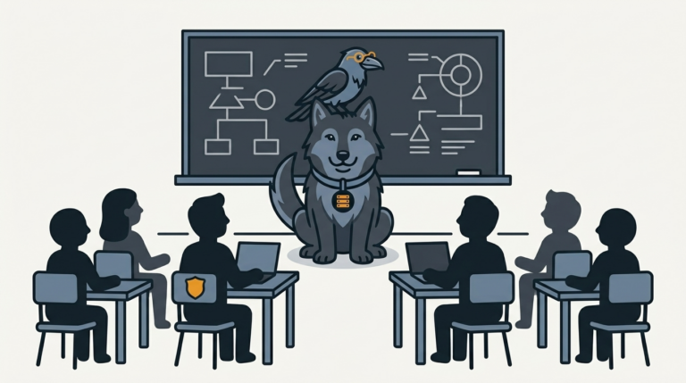 the wolf teaching an end-user crowd in a classroom, an amber badge, the raven perched on top watching