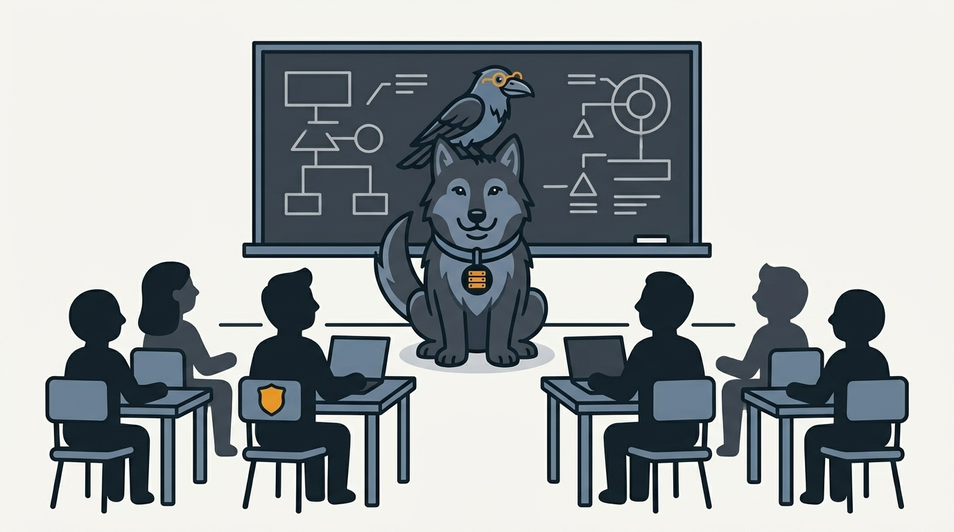 the wolf teaching an end-user crowd in a classroom, an amber badge, the raven perched on top watching