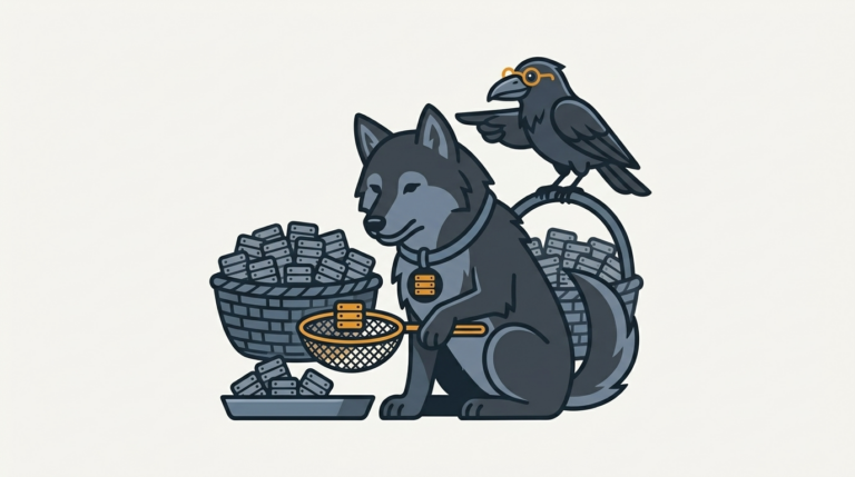 the wolf filtering duplicates out of a basket with a sieve, an amber one saved, the raven pointing