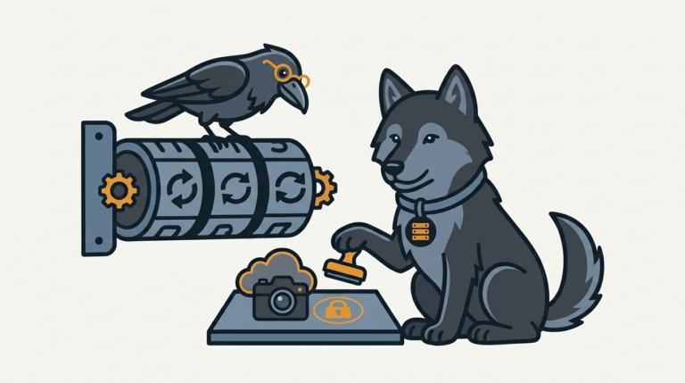 the wolf stamping an amber padlock seal on a small camera and cloud, a rolling renewal calendar on a wall, the raven watching