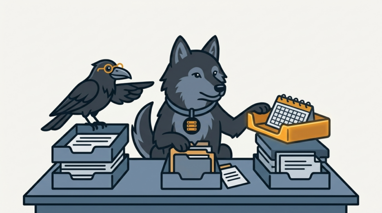 the wolf sorting inbox, notes and calendar into trays, an amber tray, the raven pointing