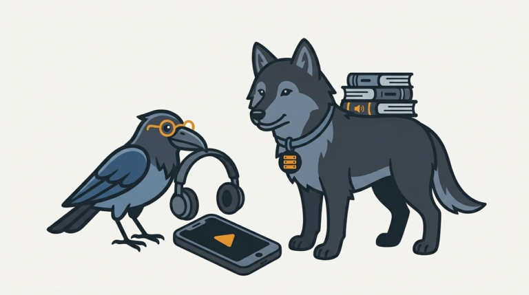 the raven putting headphones on a small phone, an amber play glyph, the wolf carrying the audiobook stack