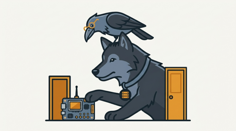 the wolf pushing a phone developer kit through a door that is too small, an amber door, the raven peering