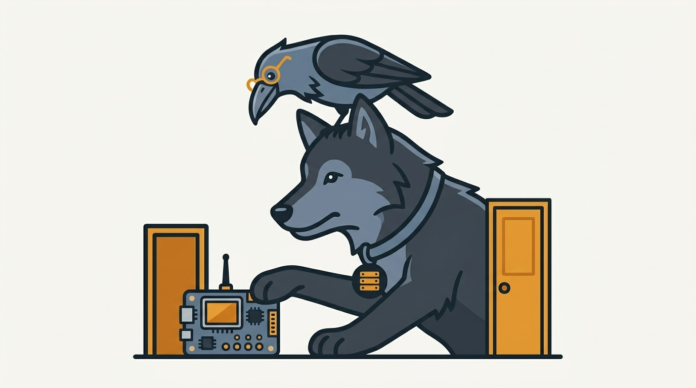 the wolf pushing a phone developer kit through a door that is too small, an amber door, the raven peering