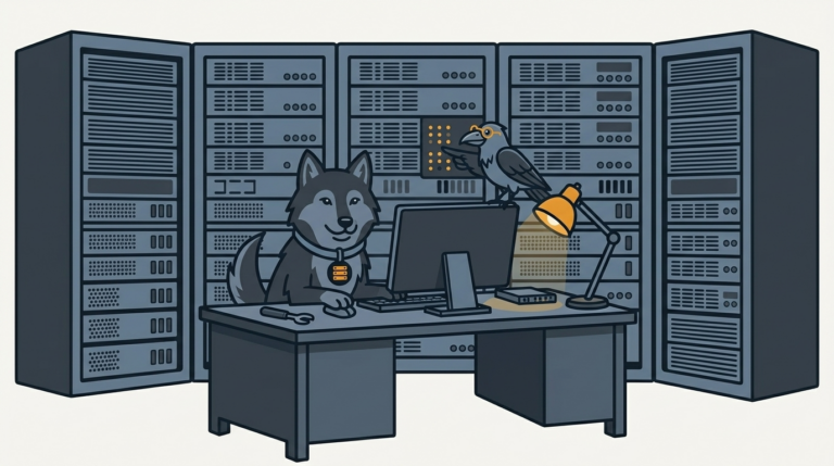 the wolf bolting a workstation desk on a big server, an amber lamp, the raven pointing with a wing